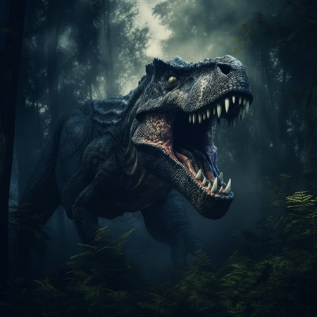 The ferocious dinosaur Tyrannosaurus rex wanders through the lush and bright forest. Generative AIの素材