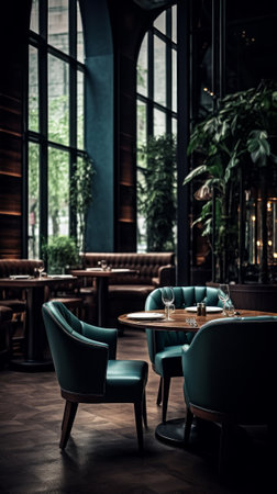 Modern and spacious restaurant with a stylish and modern interior design. Generative AIの素材