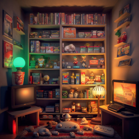 Retro game room, room for playing classic video games, 80s and 90s. Arcade machines, game consoles, nostalgic decor. Generative AIの素材