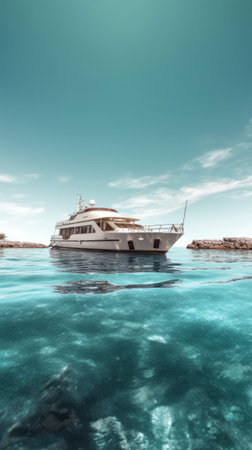 A luxurious yacht sailing on a calm sea under a sunny sky. Generative AIの素材