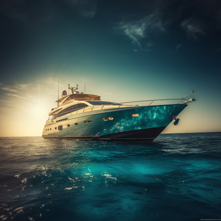 A luxurious yacht sailing on a calm sea under a sunny sky. Generative AIの素材