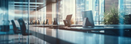 Blurred office room interior with defocused effect, blurred workspace, business concept. Generative AIの素材