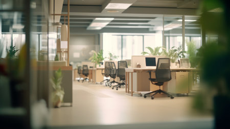 Blurred office room interior with defocused effect, blurred workspace, business concept. Generative AIの素材