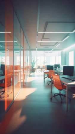 Blurred office room interior with defocused effect, blurred workspace, business concept. Generative AIの素材