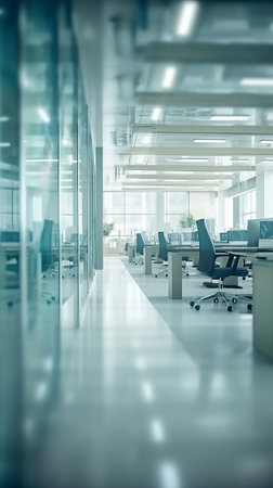 Blurred office room interior with defocused effect, blurred workspace, business concept. Generative AIの素材