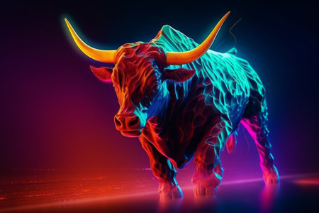 A concept of an angry bull representing bullish trends in stock markets and cryptocurrency trading. Generative AIの素材