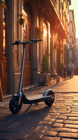 Electric scooter on a city street during a sunny day. Generative AIの素材