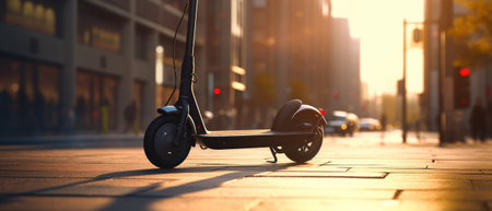 Electric scooter on a city street during a sunny day. Generative AIの素材