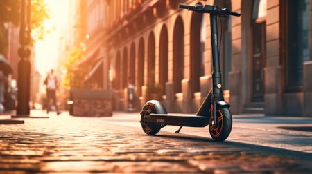 Electric scooter on a city street during a sunny day. Generative AIの素材