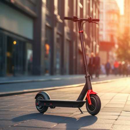 Electric scooter on a city street during a sunny day. Generative AIの素材