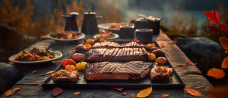 Autumn barbecue with gourmet steaks. Generative AIの素材