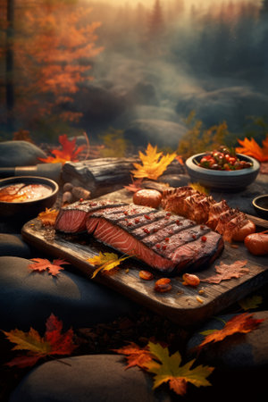 Autumn barbecue with gourmet steaks. Generative AIの素材