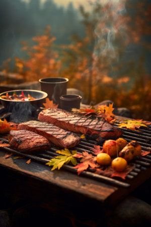 Autumn barbecue with gourmet steaks. Generative AIの素材
