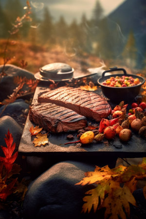 Autumn barbecue with gourmet steaks. Generative AIの素材