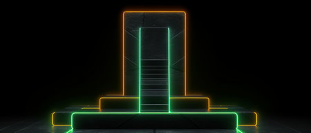 Neon podium, black stone stand studio. Generative AIの素材
