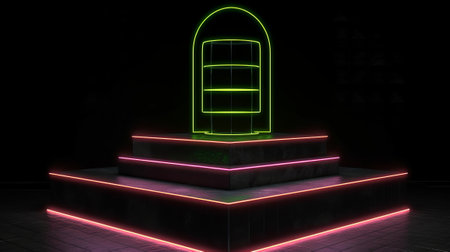 Neon podium, black stone stand studio. Generative AIの素材