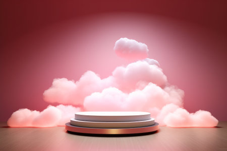 Natural beauty podium with dreamy cloud and neon light background for showcasing products. Generative AIの素材