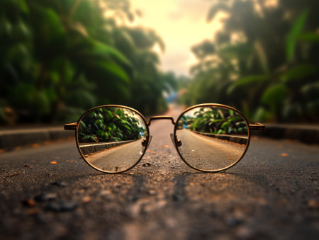 Road leading towards a bright light source seen through a pair of glasses, with a blurred background. Generative AIの素材