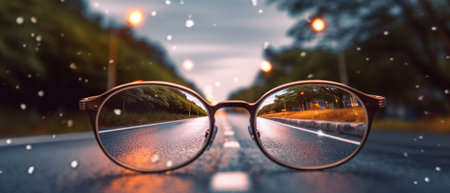 Road leading towards a bright light source seen through a pair of glasses, with a blurred background. Generative AIの素材