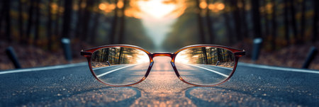 Road leading towards a bright light source seen through a pair of glasses, with a blurred background. Generative AIの素材