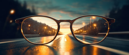 Road leading towards a bright light source seen through a pair of glasses, with a blurred background. Generative AIの素材