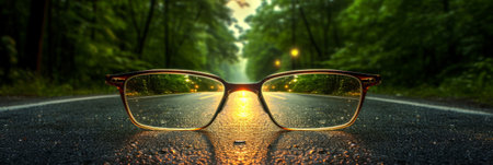 Road leading towards a bright light source seen through a pair of glasses, with a blurred background. Generative AIの素材
