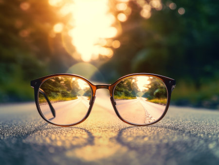 Road leading towards a bright light source seen through a pair of glasses, with a blurred background. Generative AIの素材