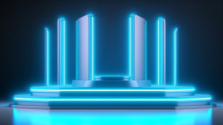 Beautiful futuristic podium with light neon panels for product presentation. Generative AIの素材