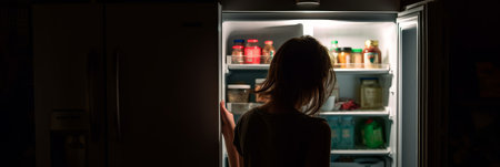 The girl stands in front of the open door of the refrigerator, looking inside it, in the dark. Generative AIの素材