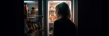 The girl stands in front of the open door of the refrigerator, looking inside it, in the dark. Generative AIの素材