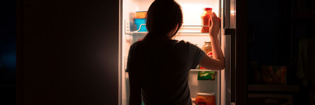 The girl stands in front of the open door of the refrigerator, looking inside it, in the dark. Generative AIの素材