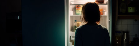 The girl stands in front of the open door of the refrigerator, looking inside it, in the dark. Generative AIの素材