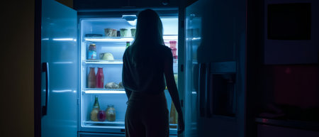 The girl stands in front of the open door of the refrigerator, looking inside it, in the dark. Generative AIの素材