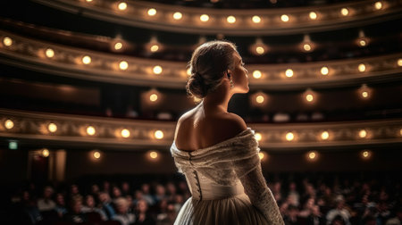Opera singer looks at the audience during a performance. In a traditional costume, with a hairstyle. Generative AIの素材