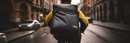 Delivery man rides a bicycle and delivers goods around the city with a delivery backpack. Generative AIの素材