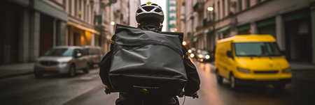 Delivery man rides a bicycle and delivers goods around the city with a delivery backpack. Generative AIの素材