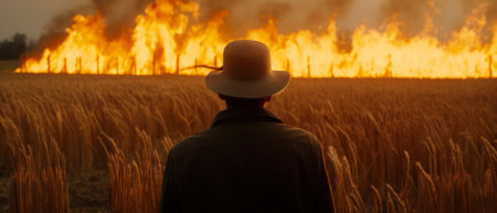 Farmer watches the field burn. Generative AIの素材
