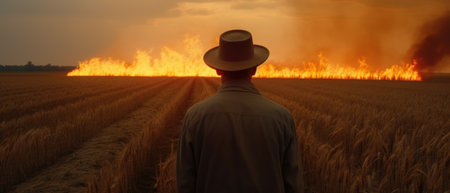 Farmer watches the field burn. Generative AIの素材