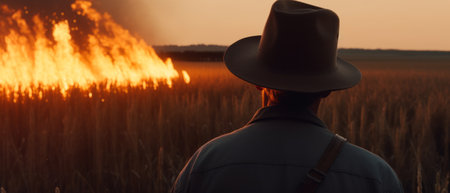 Farmer watches the field burn. Generative AIの素材