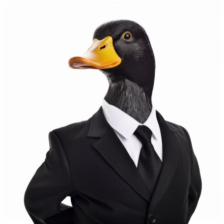 Duck in a formal business suit, an animal in human clothes, in front of a white background. Generative AIの素材