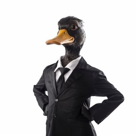 Duck in a formal business suit, an animal in human clothes, in front of a white background. Generative AIの素材
