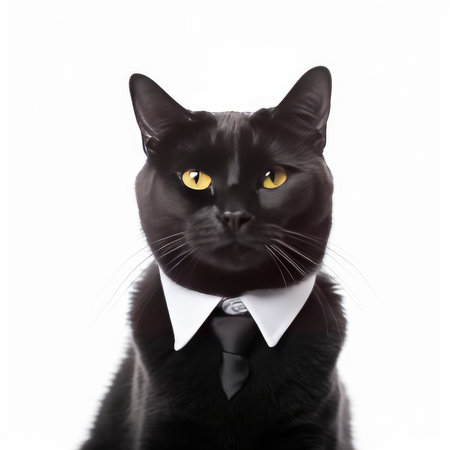 A cat in a formal business suit, an animal in human clothes, in front of a white background. Generative AIの素材