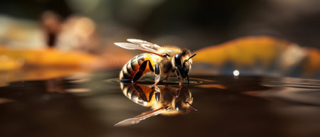 Bee on water, bee drinking water. Generative AIの素材