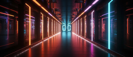 Long neon corridor, abstract tunnel colorful. Generative AIの素材