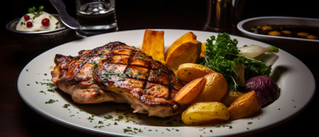 A piece of juicy meat, a regular steak, meat with a side dish. Generative AIの素材