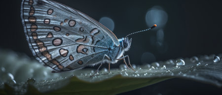 Butterfly with dew drops, close-up view of a butterfly with small water droplets on its wings. Generative AIの素材