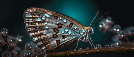 Butterfly with dew drops, close-up view of a butterfly with small water droplets on its wings. Generative AIの素材