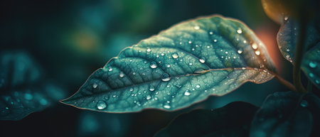 Close-up view of a leaf, with water droplets on its surface and visible veins. Generative AIの素材