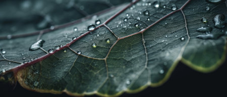 Close-up view of a leaf, with water droplets on its surface and visible veins. Generative AIの素材