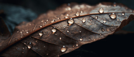 Close-up view of a leaf, with water droplets on its surface and visible veins. Generative AIの素材